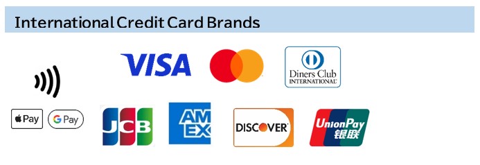 A list of international credit card brands accepted at Expo 2025. Includes Visa, Mastercard, Diners Club, JCB, American Express, Discover, UnionPay, Apple Pay, Google Pay, and contactless payment symbol.
