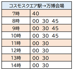 コスモスクエア→万博会場バス時刻表