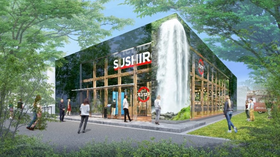 森の中に佇むモダンな黒をベースにしたスシローの店舗