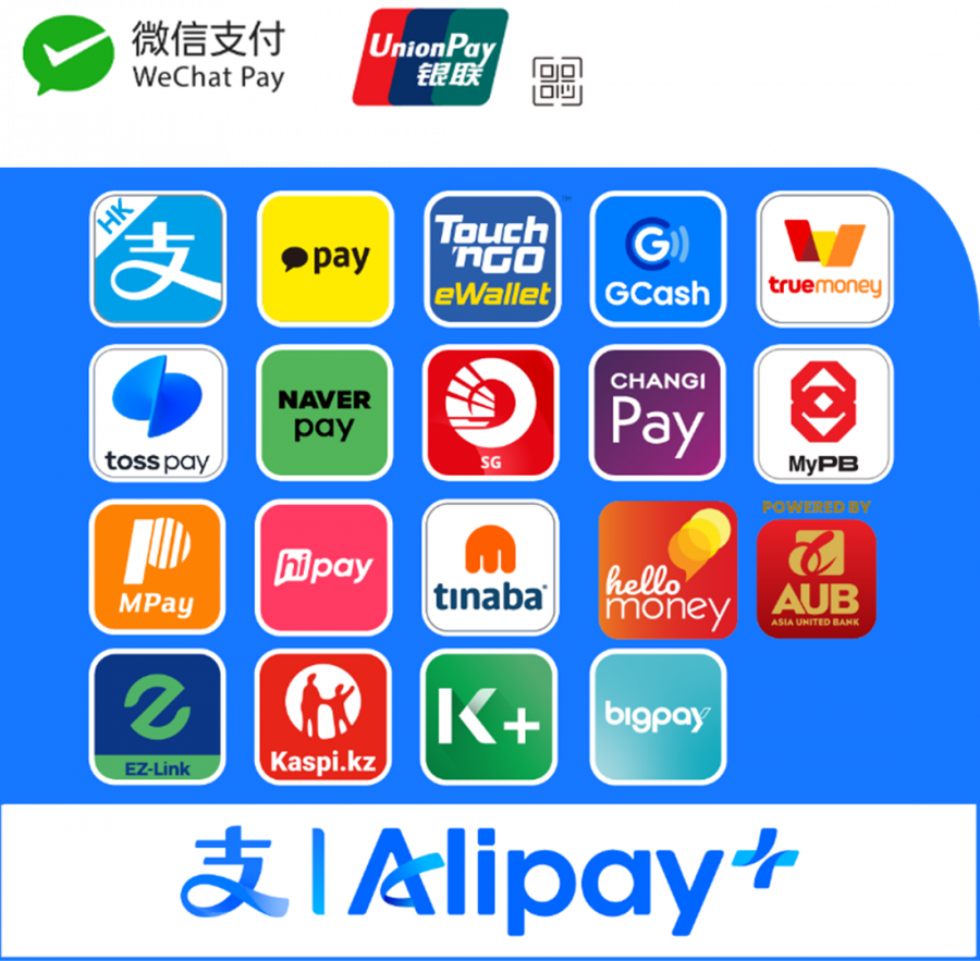 Alipay+対応決済ブランドとして、WeChat Pay、UnionPay、Touch 'n Go eWallet(マレーシア)、GCash(フィリピン)、TrueMoney(タイ)、NAVER Pay(韓国)、toss pay(韓国)、CHANGI Pay(シンガポール)、MPay、hi pay、tinaba(イタリア)、hello money(フィリピン)、K+(タイ)、bigpay、EZ-Link(シンガポール)、Kaspi.kz(カザフスタン)などの海外モバイル決済サービスが利用可能。