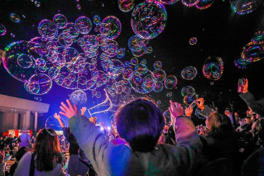 バブルワークス「スペシャルナイトバブルショー」の様子です。夜真っ暗な中、無数のシャボン玉がライトに照らされいて幻想的な美しさです。