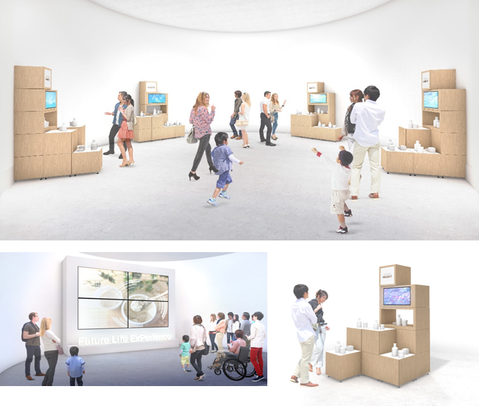たくさんの大人、子供たちや車いすの来場者たちが展示品を見ている。
